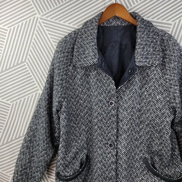Vintage Reversible Coat size Large Light/Dark Academia Tweed Wool Silk grey - Picture 7 of 8